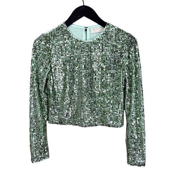 ALICE + OLIVIA Delaina Long Sleeve Sea Green Sequin Crop Top - Picture 11 of 14